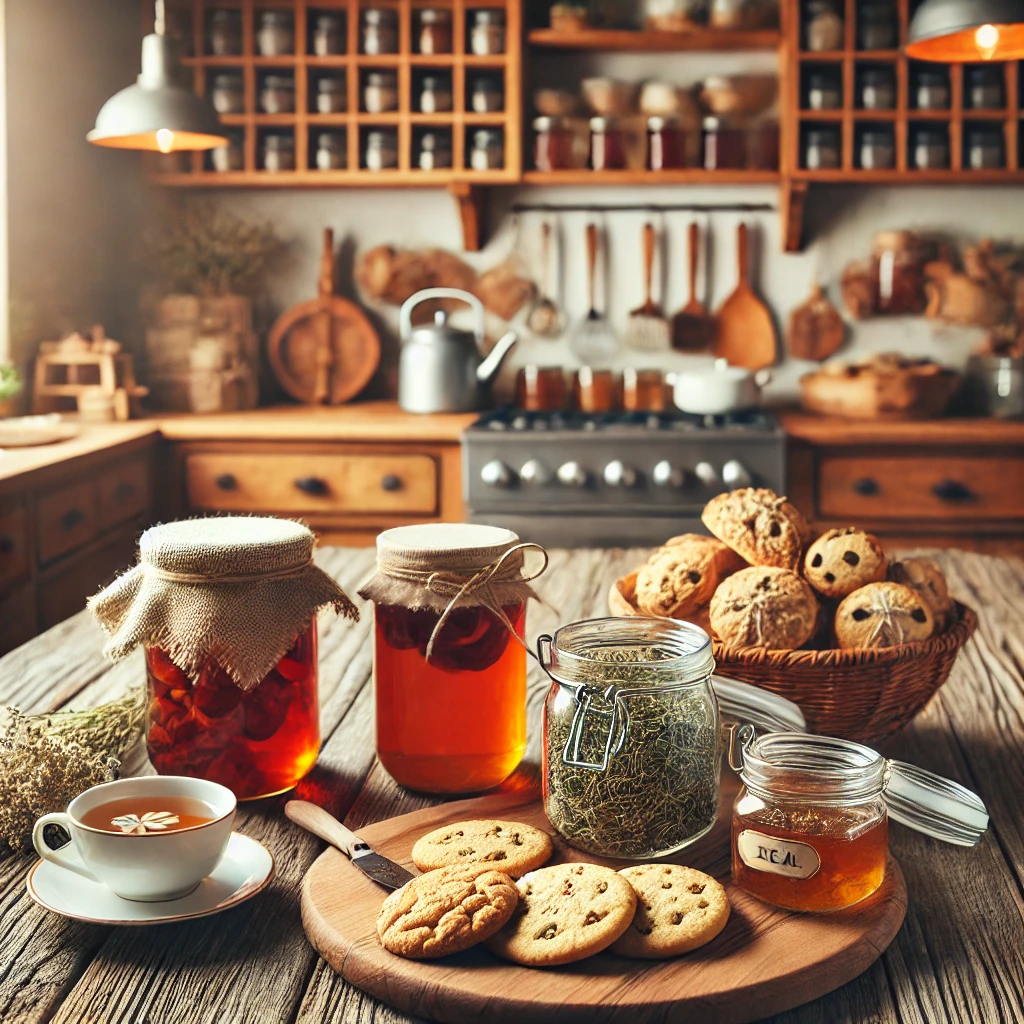 a cozy, rustic farmhouse kitchen scene with homemade cottage foods on a wooden table. the table includes mason jars of jam, fresh baked bread, cookies