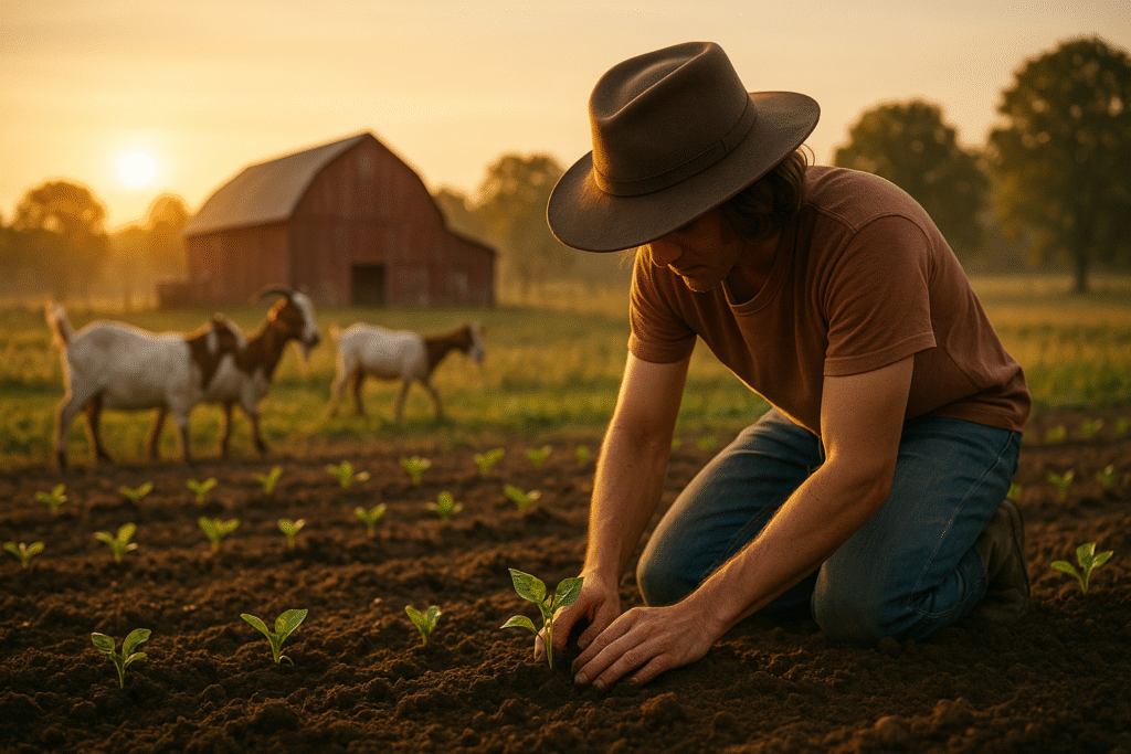 Farmer planting a young seedling at sunrise with goats grazing near a red barn, illustrating the healing power of farming