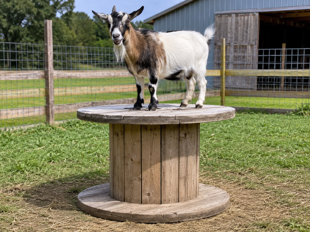 Goat on a wooden spool