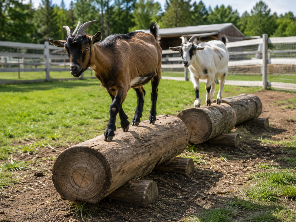 Goats on balancing logs
