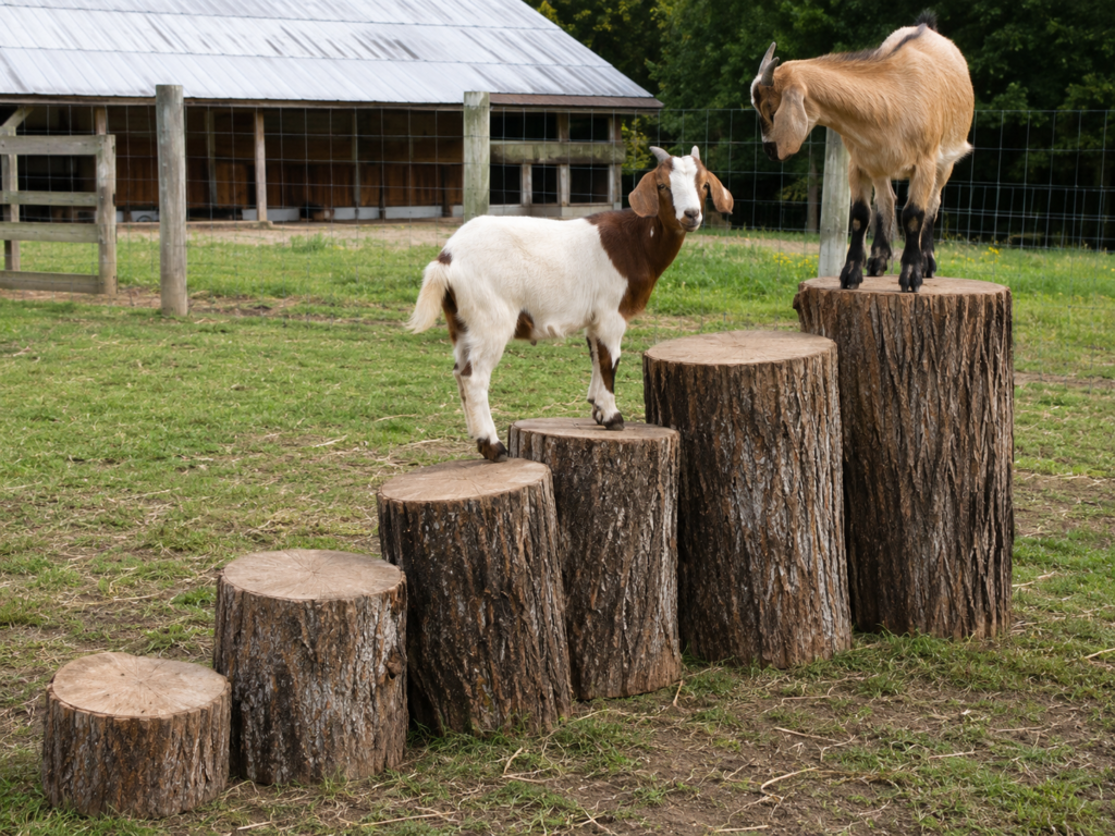 Goats on stepping logs