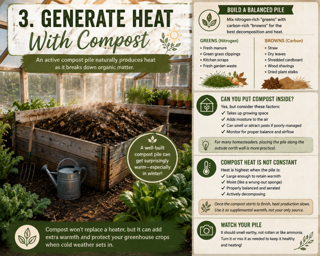Heat greenhouse with compost