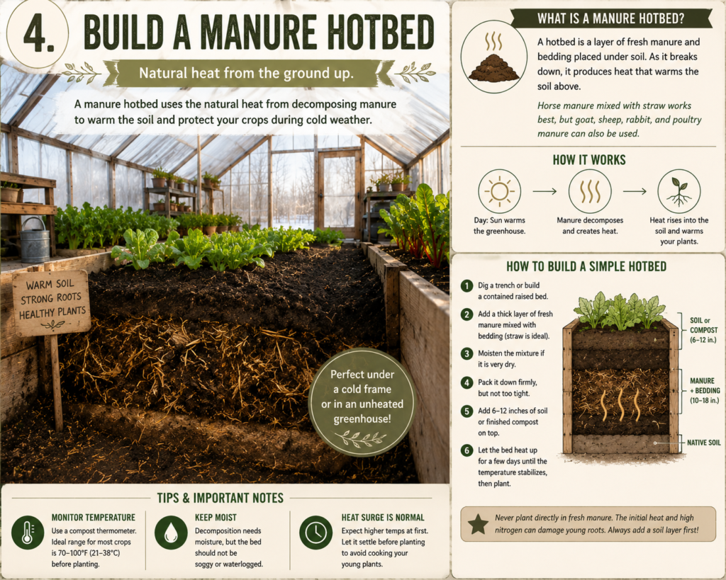Heat greenhouse with manure hotbed