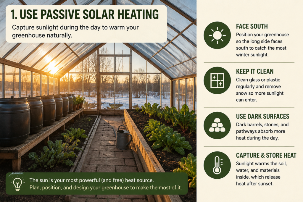 Heating a greenhouse with passive heating