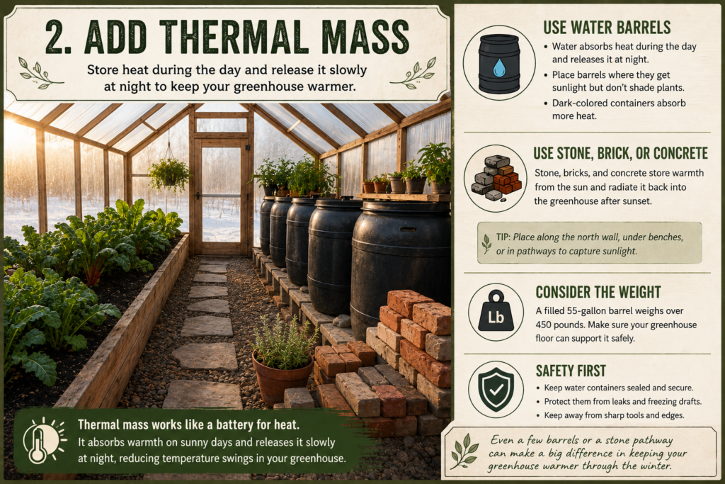 Heating a greenhouse with thermal mass