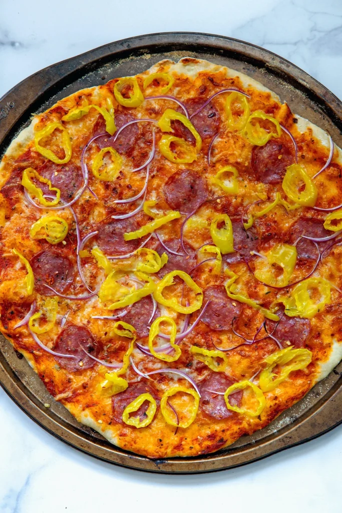 Banana pepper pizza baked 2