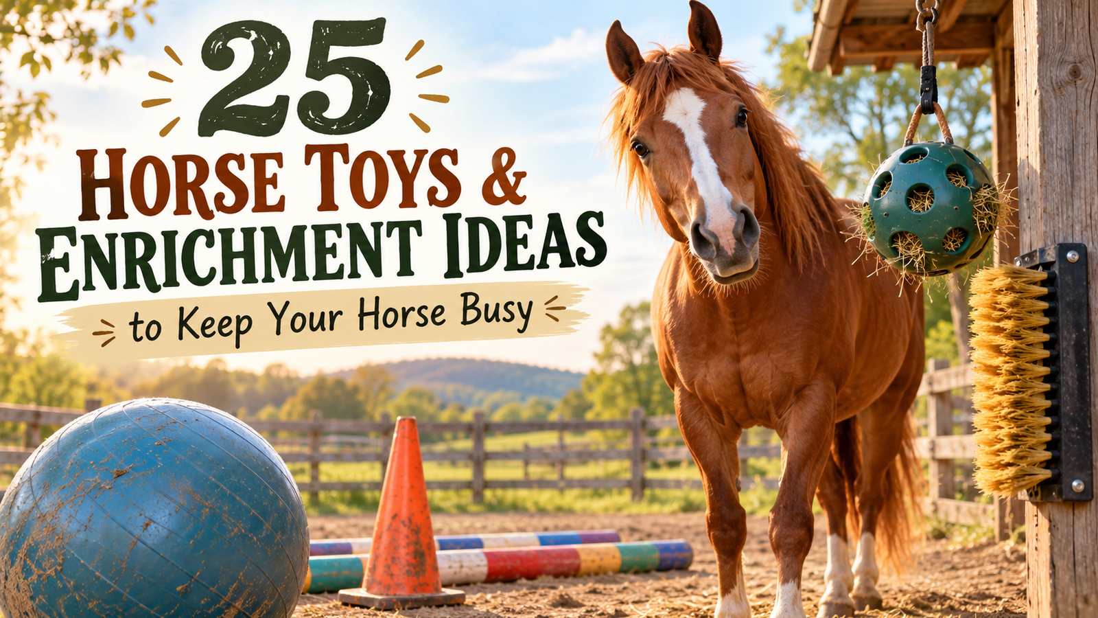 25 horse toys and enrichment ideas to keep horses busy, including a treat ball, scratching brush, ground poles, and cone.