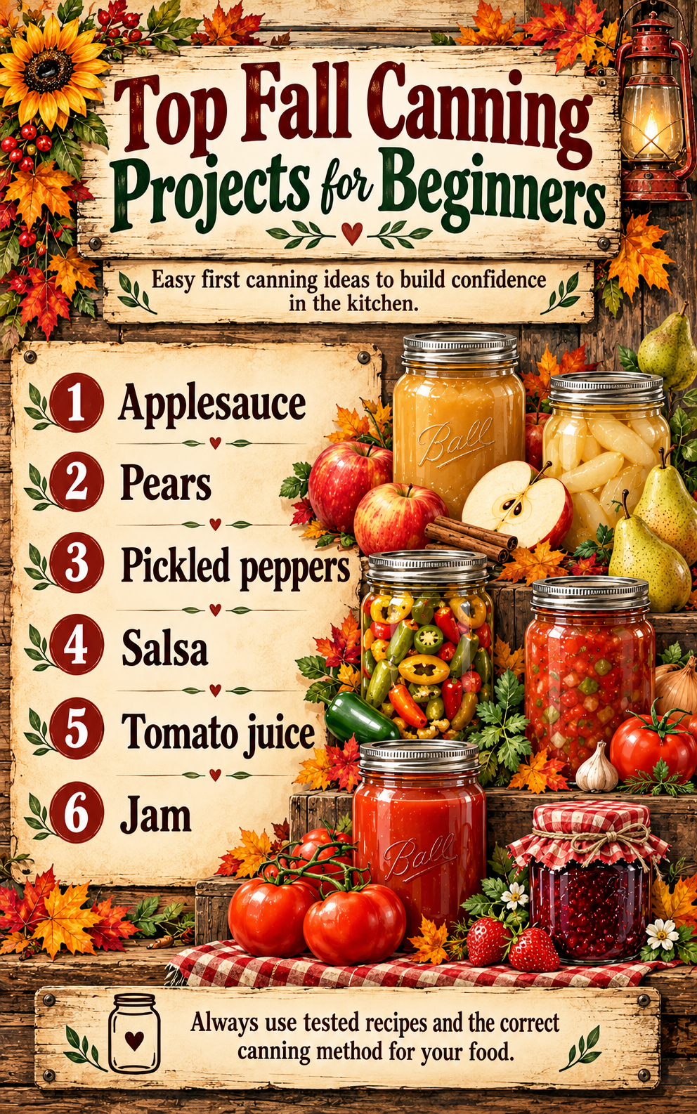 Fall canning checklist with 25 foods to preserve, including tomatoes, peppers, fruit, vegetables, meat, broth, and pantry staples.