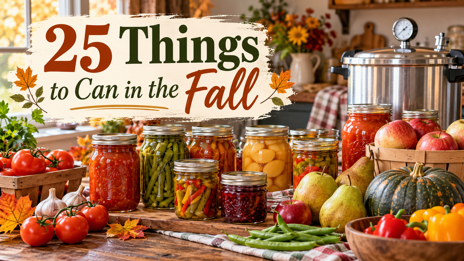 Fall canning ideas with home-canned jars, tomatoes, apples, pears, green beans, peppers, winter squash, and a pressure canner.