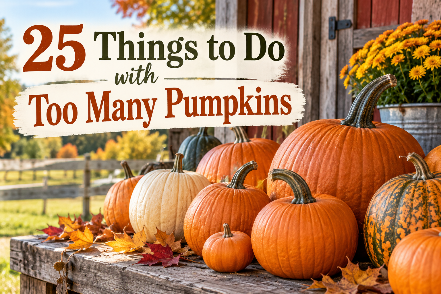 Rustic fall pumpkin harvest with the headline 25 Things to Do With Too Many Pumpkins