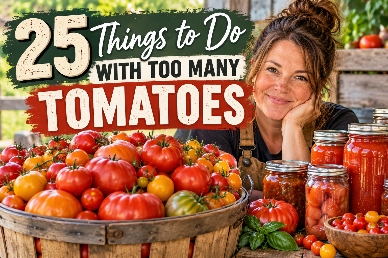 Basket overflowing with fresh tomatoes and preserved tomato products for 25 things to do with too many tomatoes