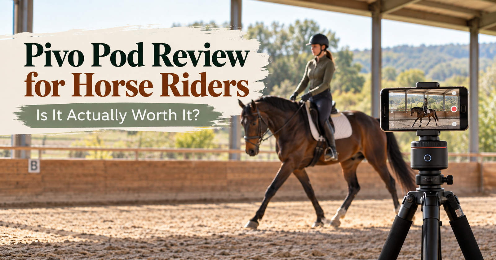 Pivo Pod review for horse riders showing a rider in an arena and a phone tracking setup
