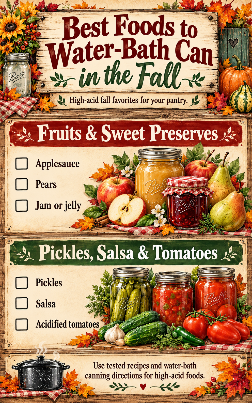 Fall pressure canning guide featuring green beans, potatoes, carrots, beets, broth, chicken, and beef.