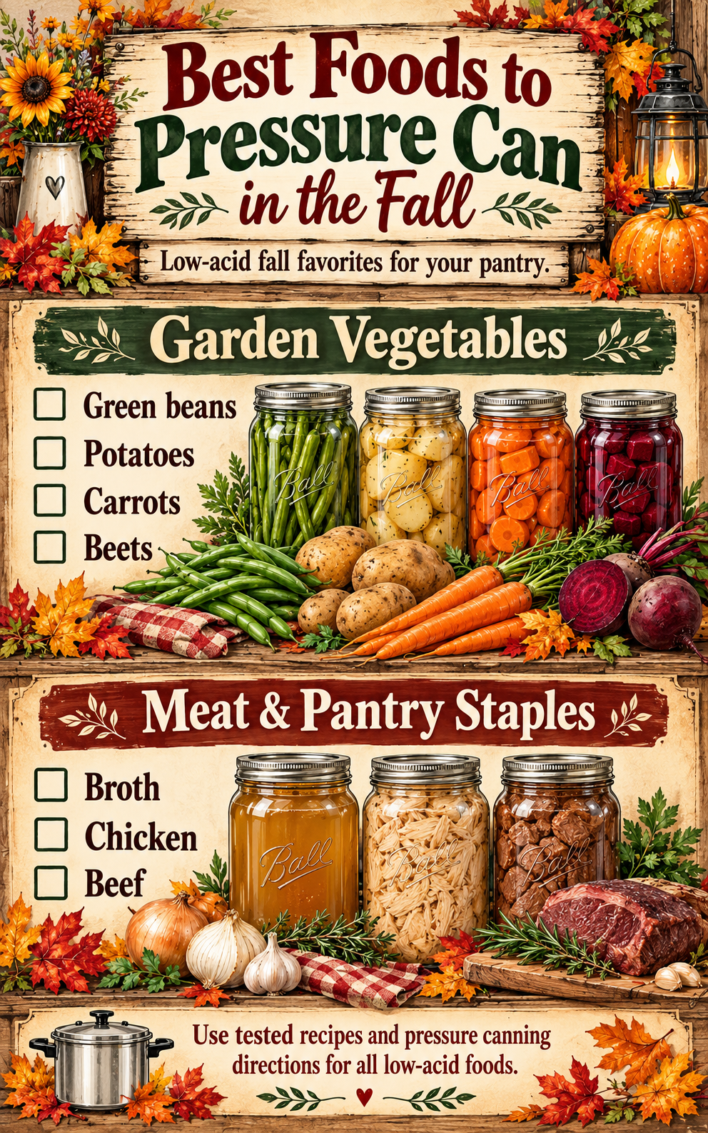 Fall water-bath canning guide featuring applesauce, pears, jam or jelly, pickles, salsa, and acidified tomatoes.