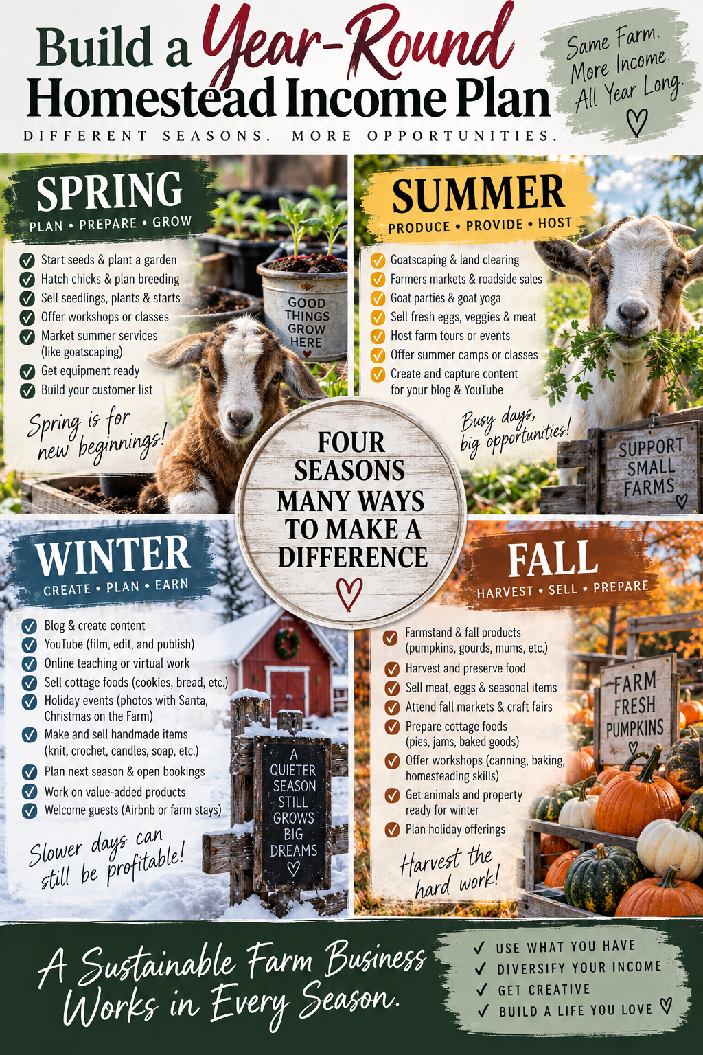 Year-round homestead income plan infographic with seasonal farm income ideas for spring, summer, fall, and winter.