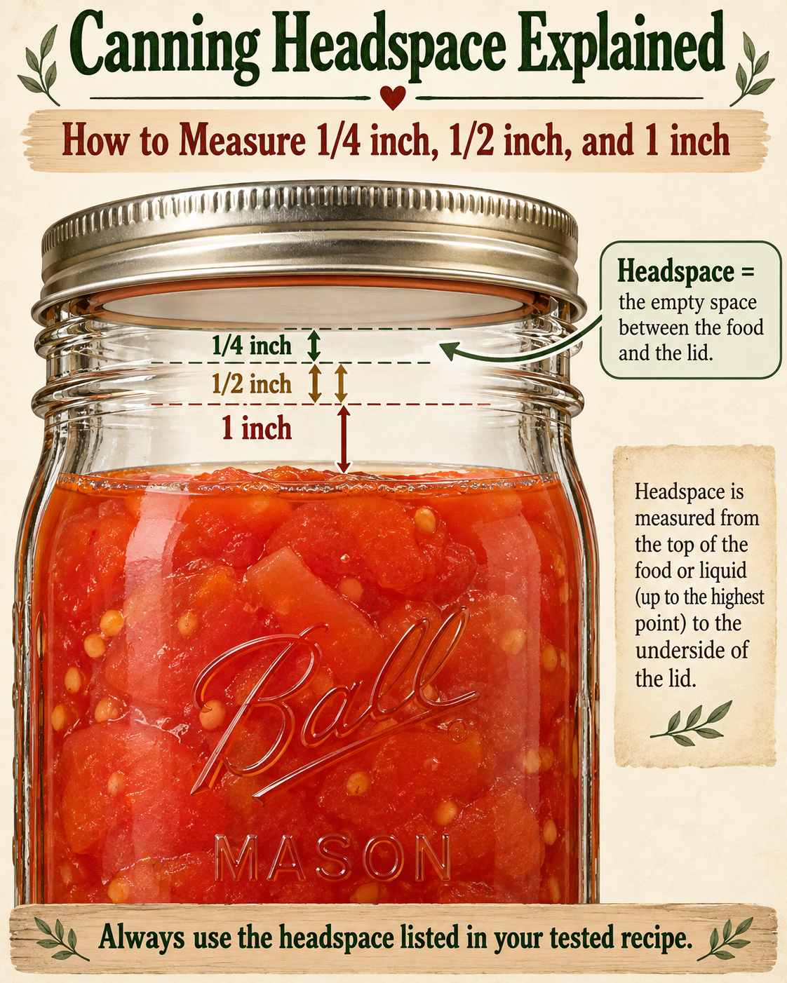 Canning headspace guide showing how to measure 1/4 inch, 1/2 inch, and 1 inch between food and the lid.