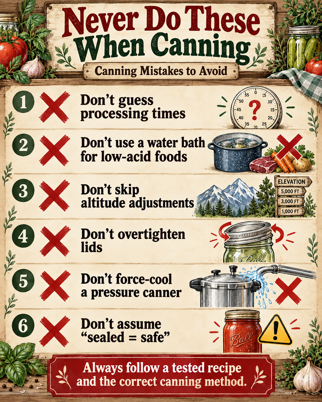 Canning mistakes to avoid, including guessing processing times, skipping altitude adjustments, overtightening lids, and force-cooling a pressure canner.