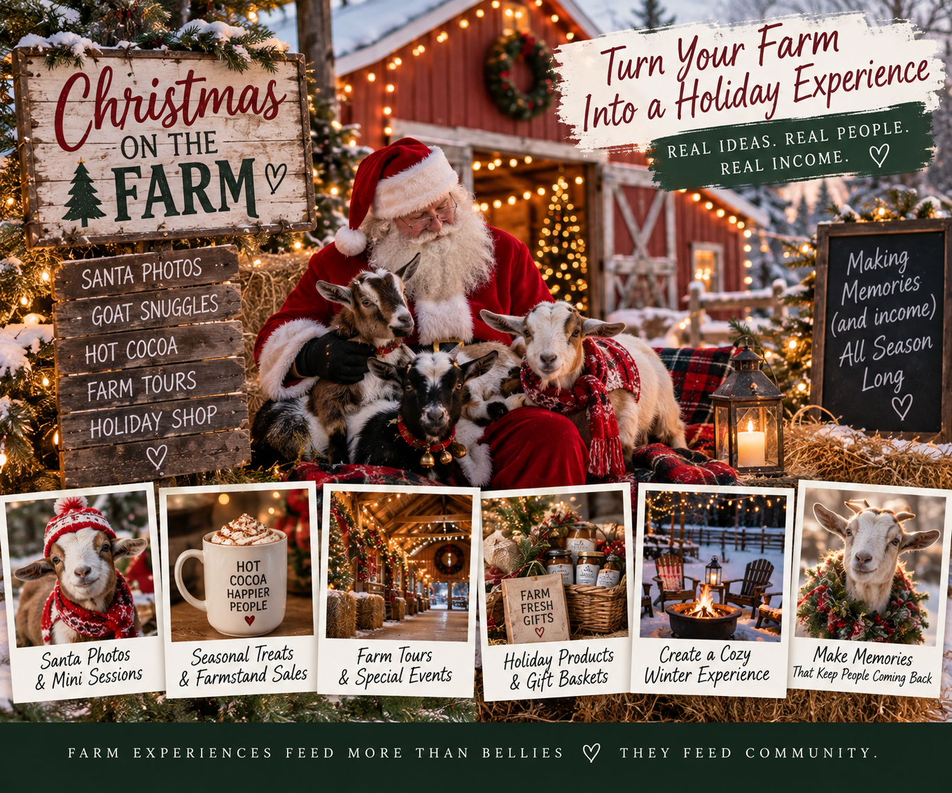 Christmas on the farm holiday experience ideas including Santa photos with goats, hot cocoa, farm tours, holiday products and winter farm events