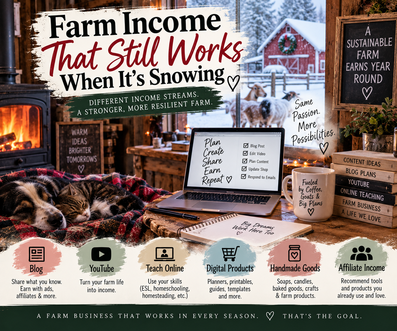 Farm income ideas that can continue through winter, including blogging, YouTube, online teaching, digital products, handmade goods and affiliate income