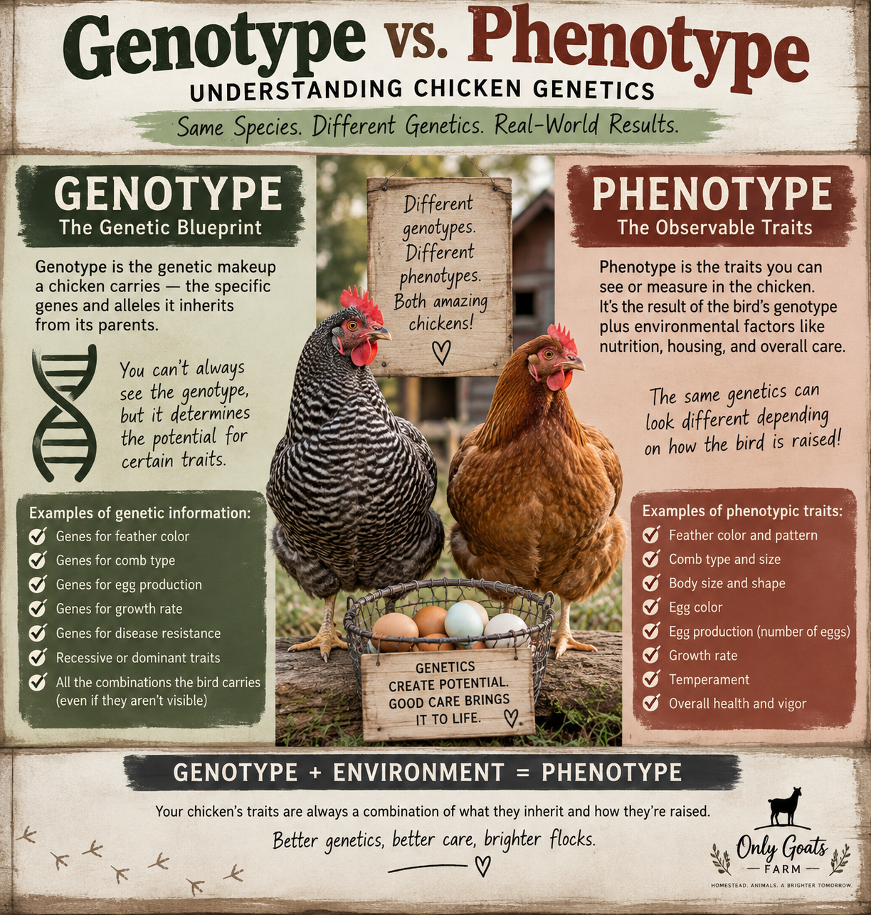Genotype vs phenotype in chicken genetics showing how inherited genetics and environment affect observable traits