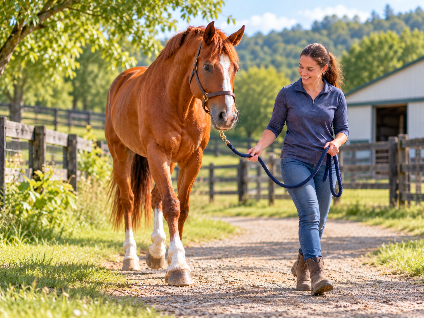 Horse being hand-walked on a farm trail as a horse enrichment activity.