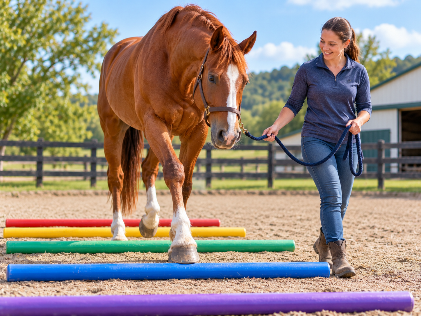 Horse being led over colorful ground poles for horse enrichment and groundwork.