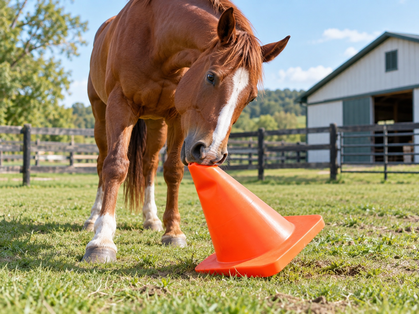 Horse playing with a flexible traffic cone as a simple horse enrichment toy.