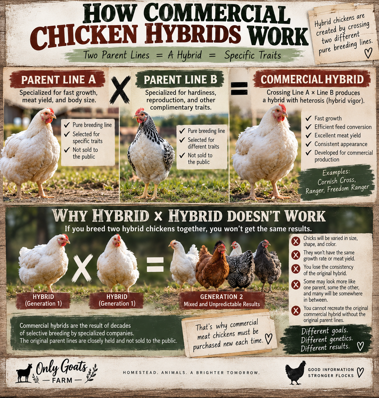 Chicken breeding genetics diagram showing parent lines creating a commercial hybrid and why hybrid offspring vary