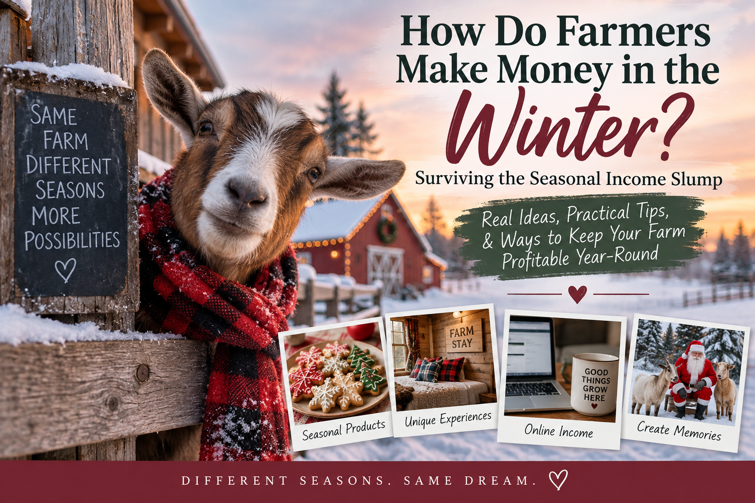 Winter homestead scene with a goat and seasonal farm income ideas