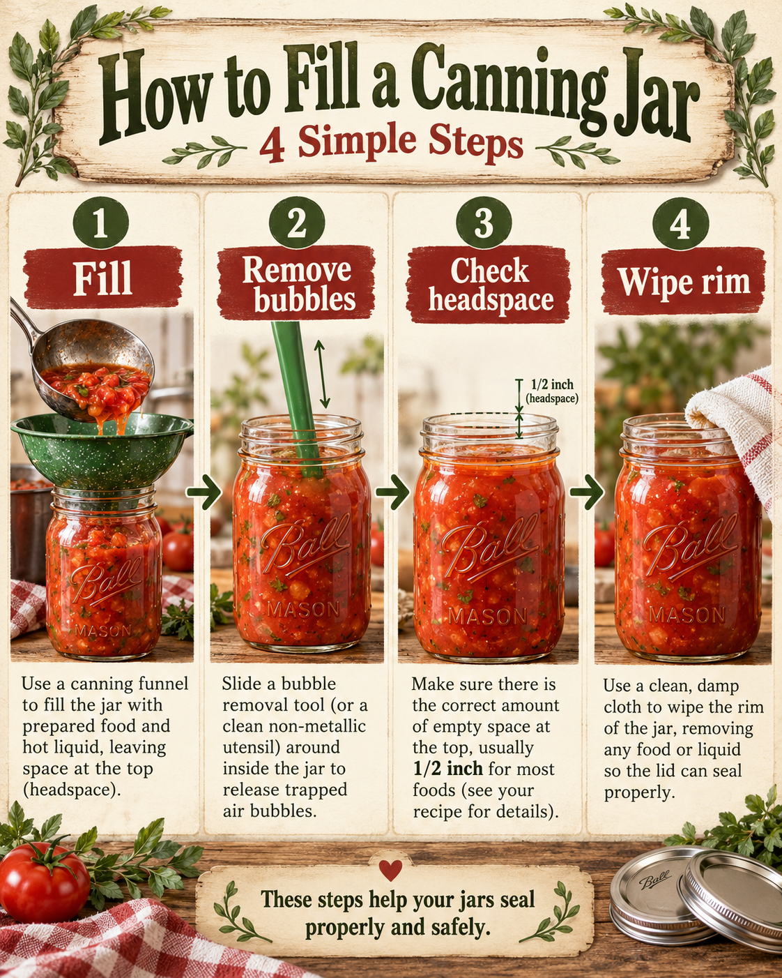How to fill a canning jar by filling, removing bubbles, checking headspace, and wiping the rim.