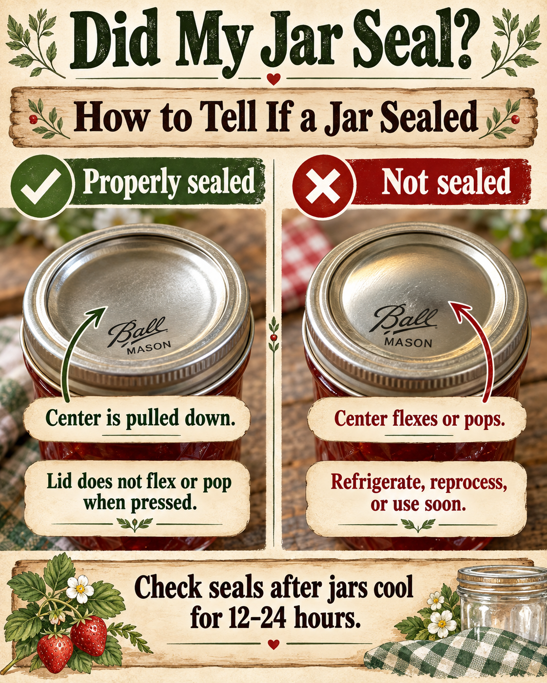How to tell if a canning jar sealed properly by comparing a concave sealed lid with a lid that flexes or pops.