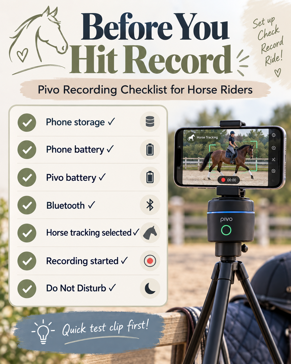 Pivo Smart Mount holding a phone in landscape orientation with horse riding footage on screen