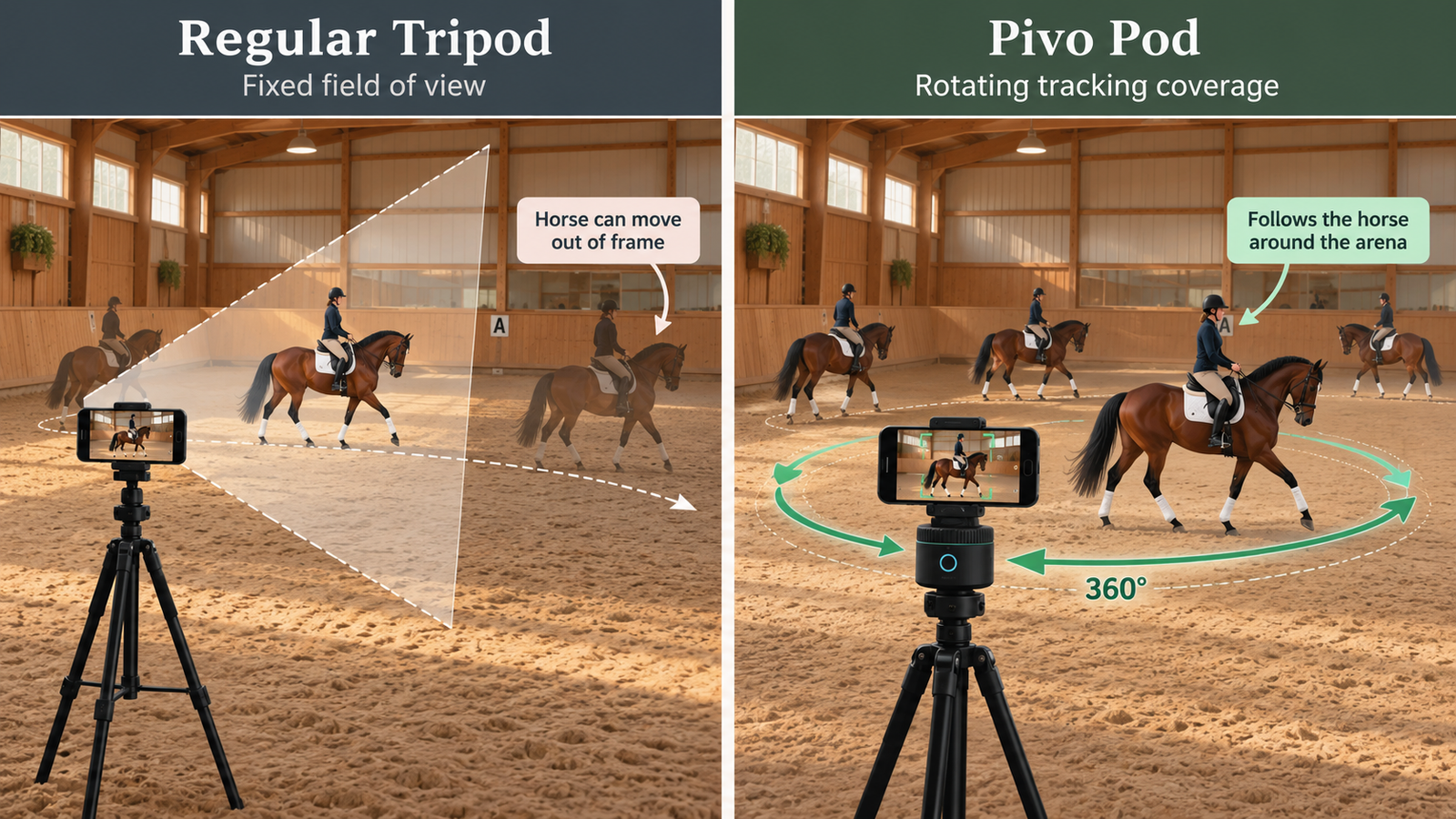 Comparison of a regular tripod with fixed field of view and a Pivo Pod with rotating horse tracking coverage