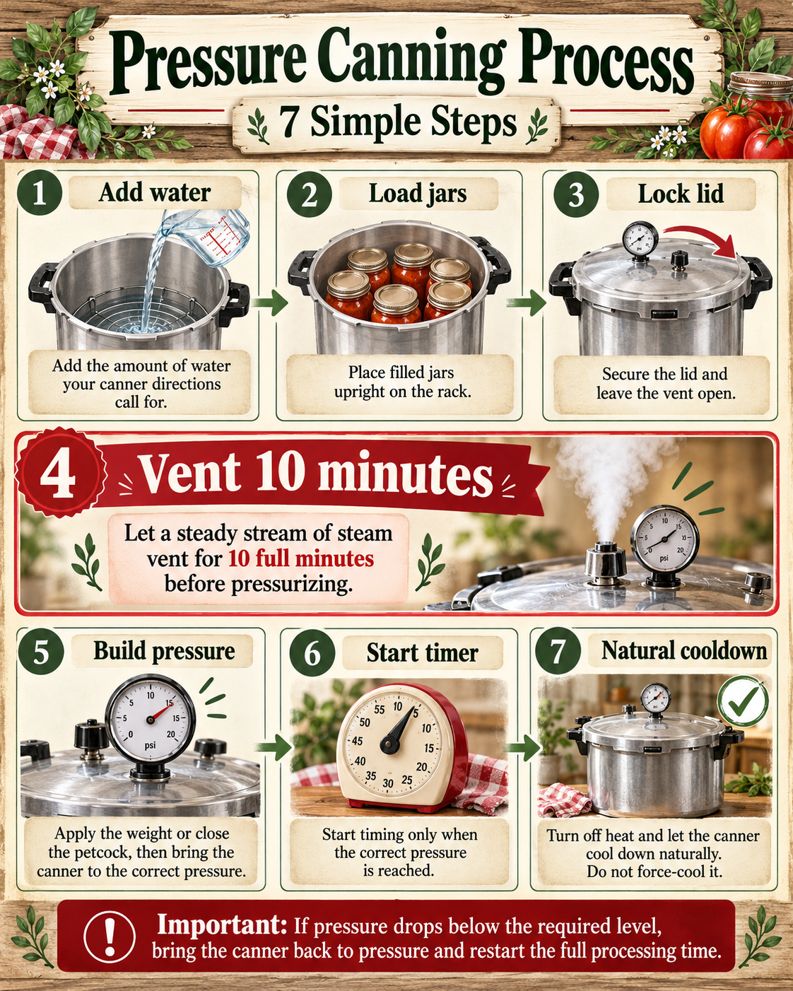 Pressure canning process showing add water, load jars, lock lid, vent 10 minutes, build pressure, start timer, and cool naturally.