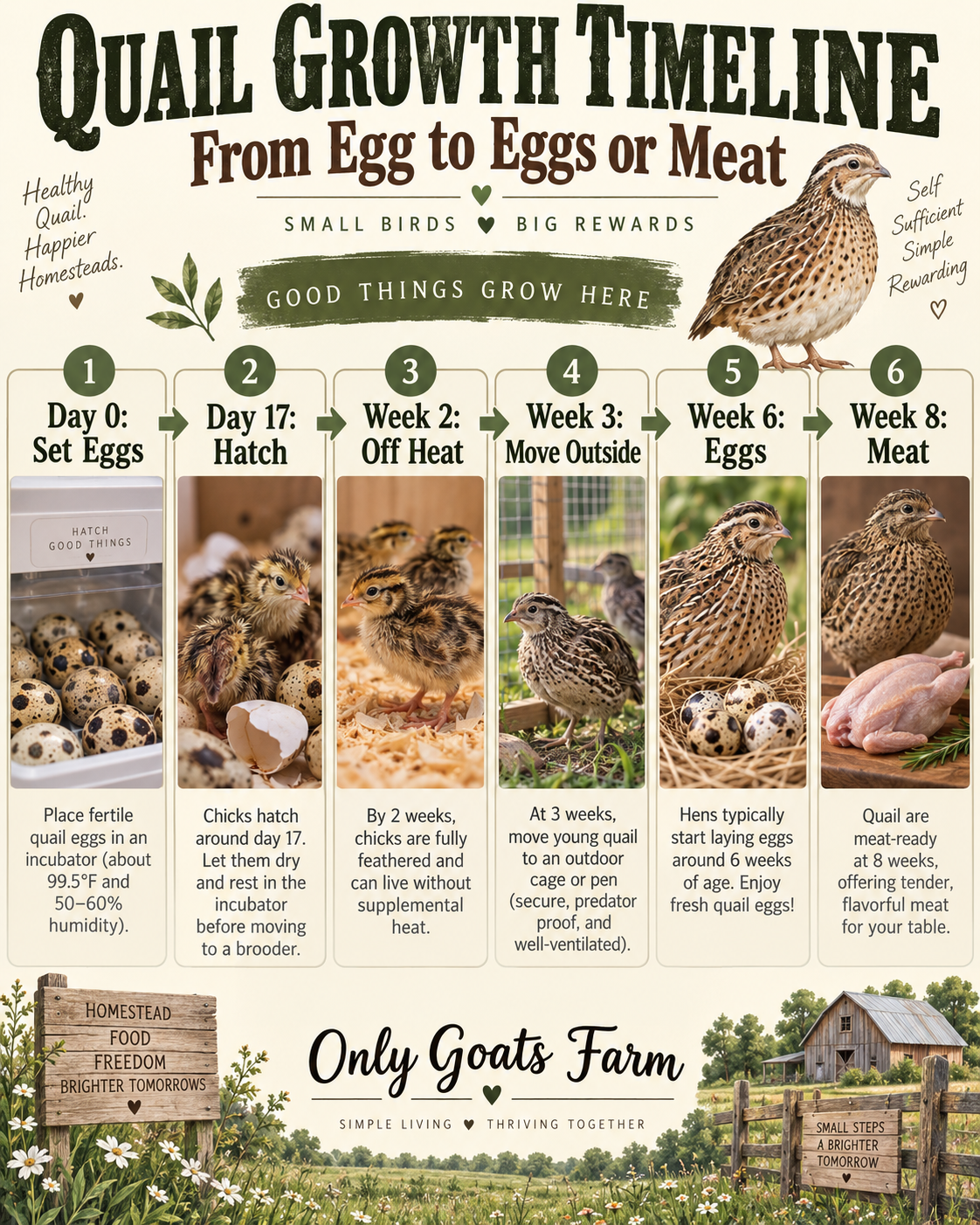 Quail growth timeline infographic from setting eggs on day 0 through hatch, off heat, moving outside, laying eggs, and meat processing age.