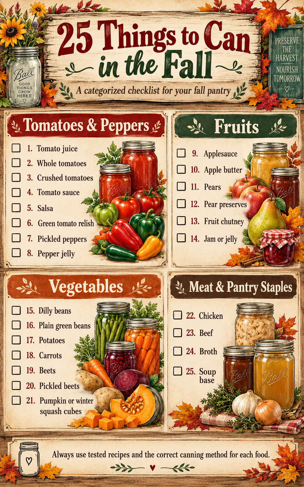 Beginner fall canning projects featuring applesauce, pears, pickled peppers, salsa, tomato juice, and jam.