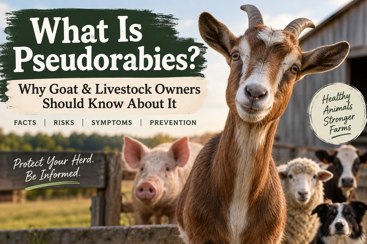Goat, pig, sheep, cow and farm dog with text explaining pseudorabies risks, symptoms and prevention for livestock owners