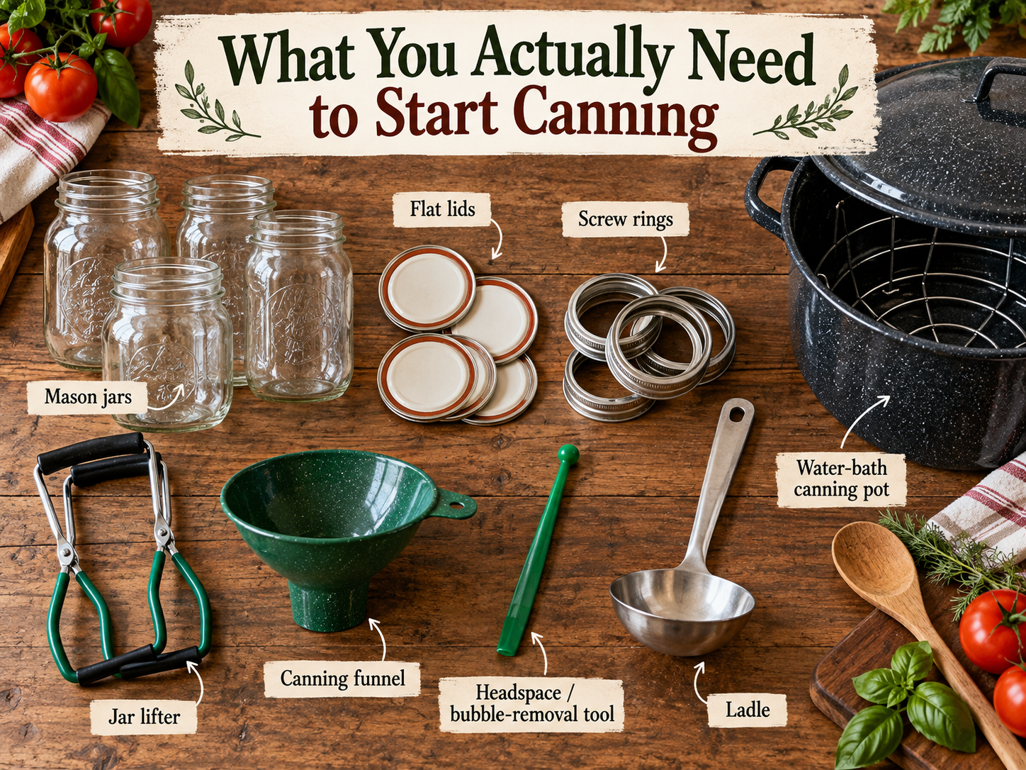 Beginner canning supplies including Mason jars, lids, rings, jar lifter, funnel, headspace tool, ladle, and canning pot.