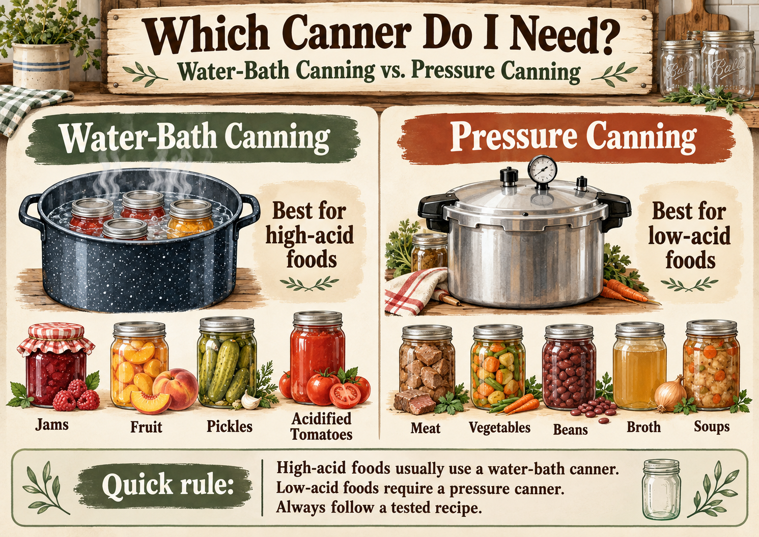 Water bath vs pressure canning infographic showing which foods belong in each type of canner.