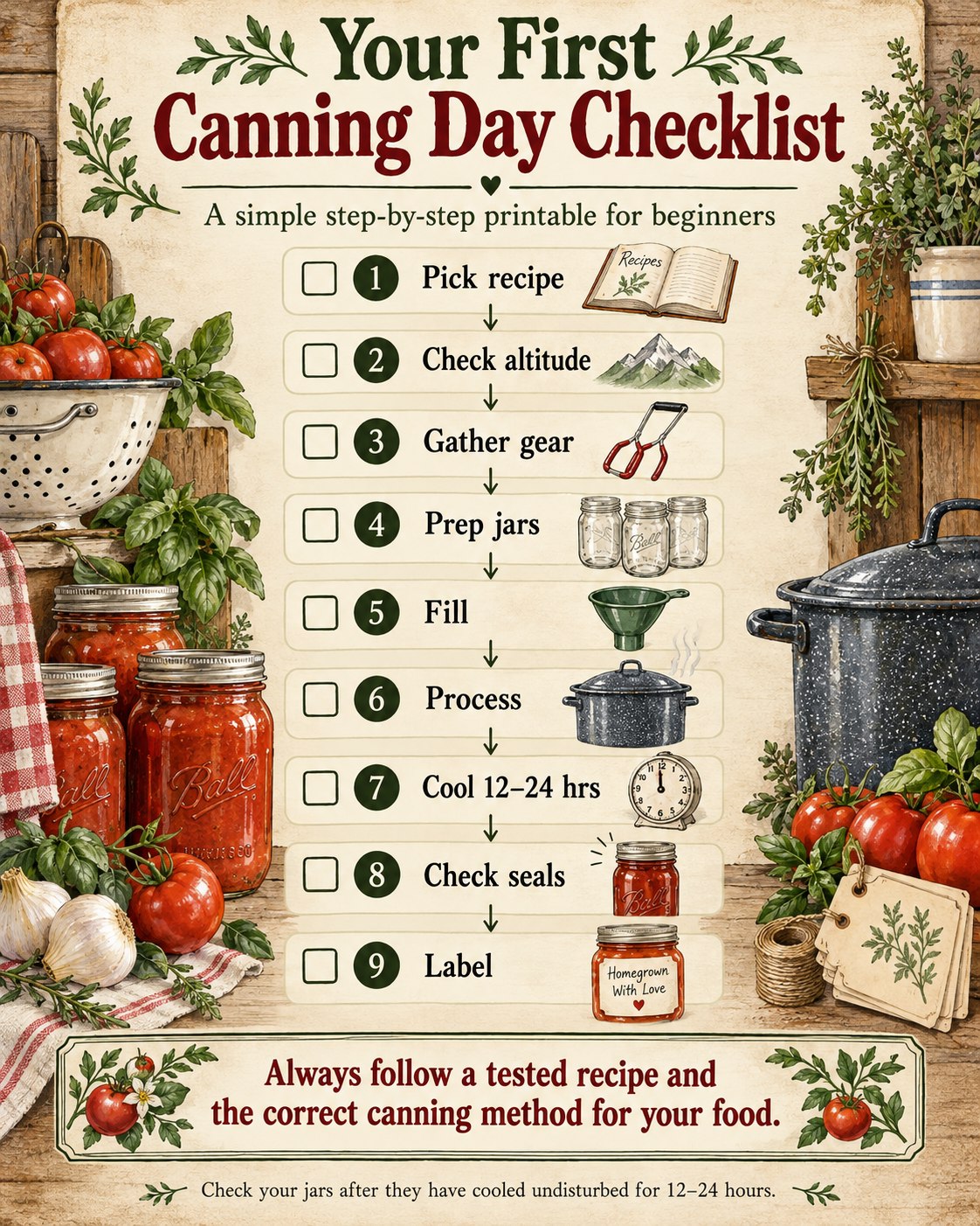 First canning day checklist for beginners from choosing a tested recipe through cooling, checking seals, and labeling jars.