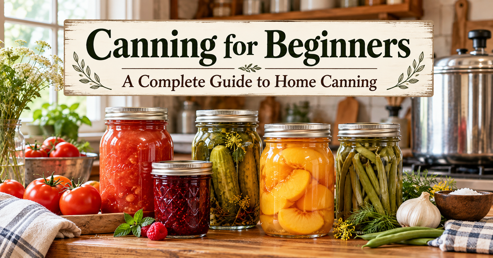Canning for beginners guide with home-canned jars and a pressure canner in a rustic kitchen.