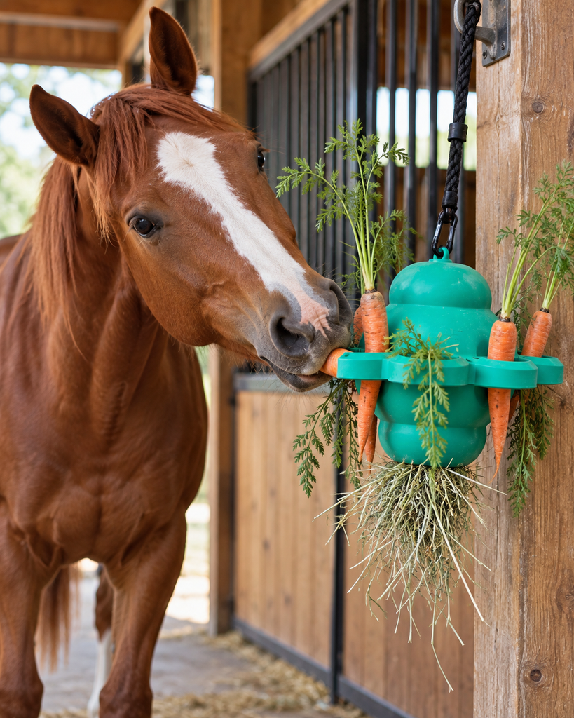 Horse using a Clover Treat Ball for enrichment