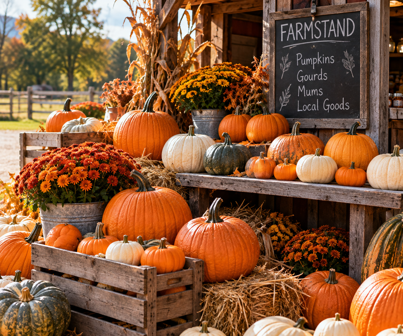 Rustic fall farmstand display with pumpkins gourds and chrysanthemums