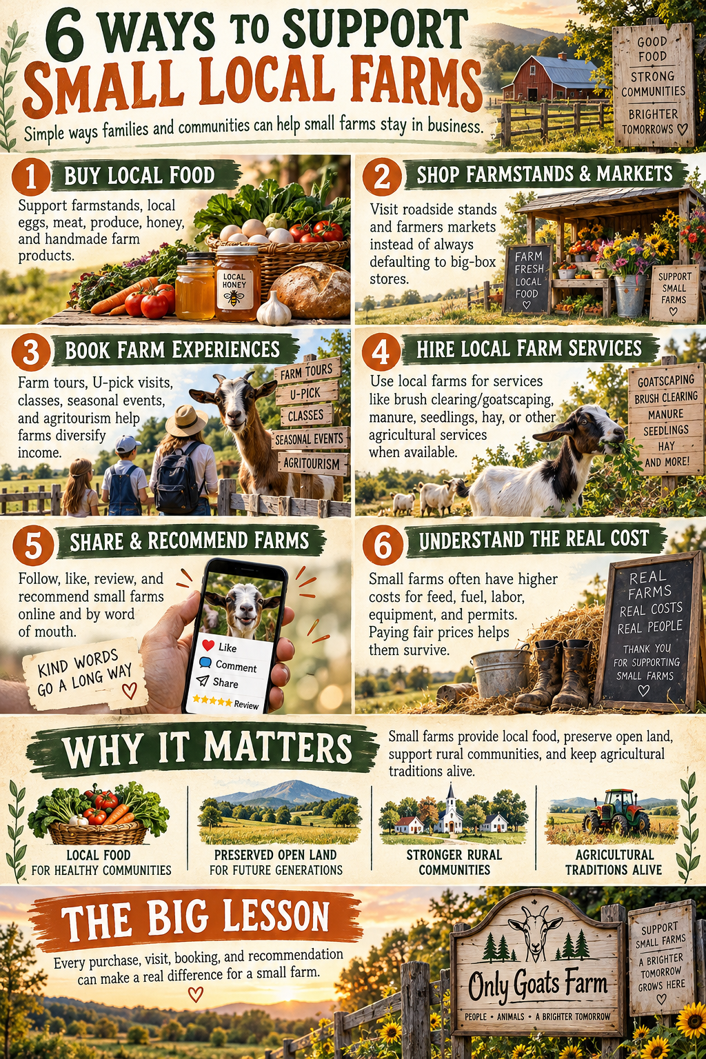 Infographic showing ways to support small farms through local products, farmstands and farm services