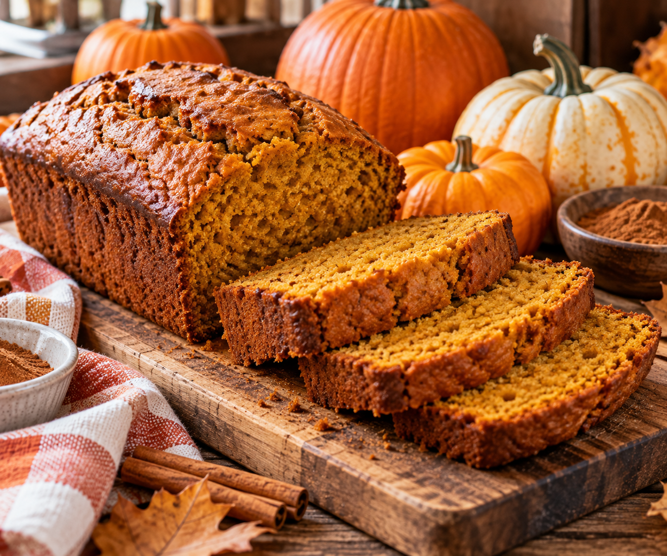 Sliced homemade pumpkin bread on a rustic cutting board with pumpkins