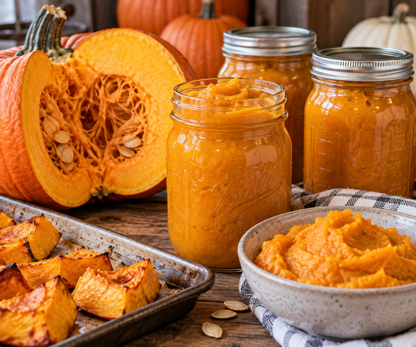 Homemade pumpkin puree in glass jars with cut and roasted pumpkins