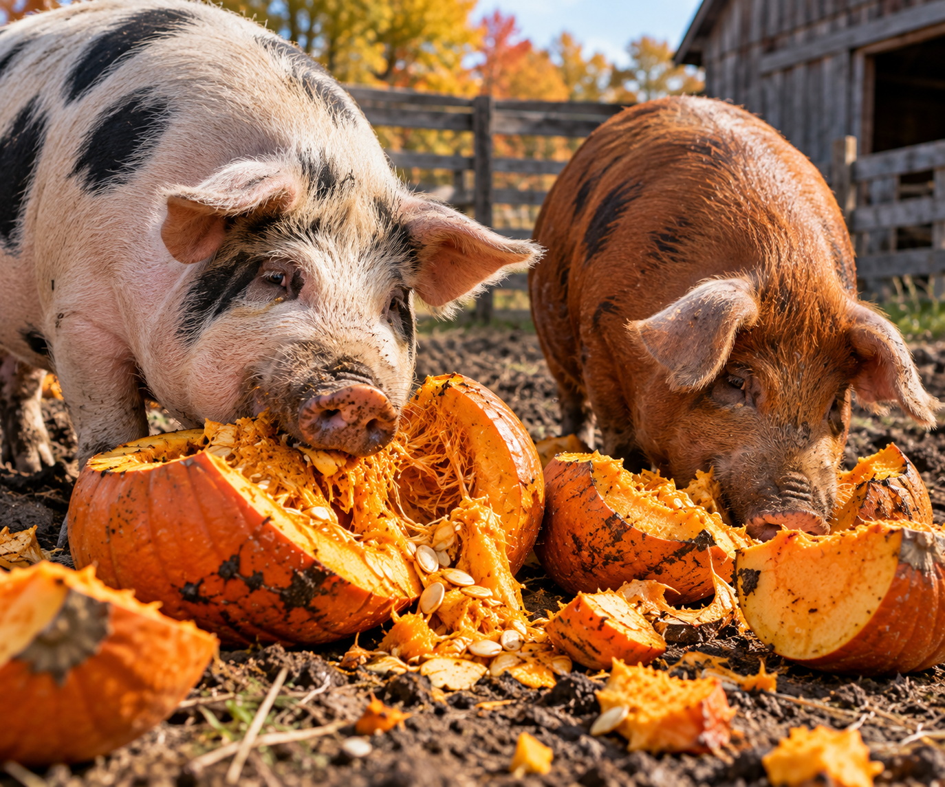 Two farm pigs eating fresh pumpkins in an autumn barnyard