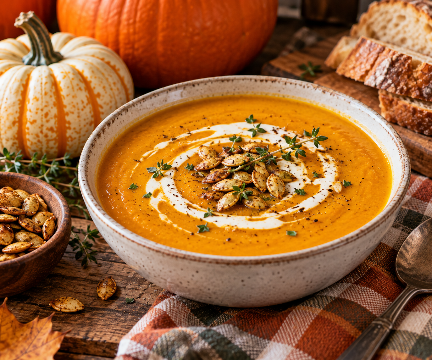 Creamy pumpkin soup topped with seeds and herbs in a rustic bowl